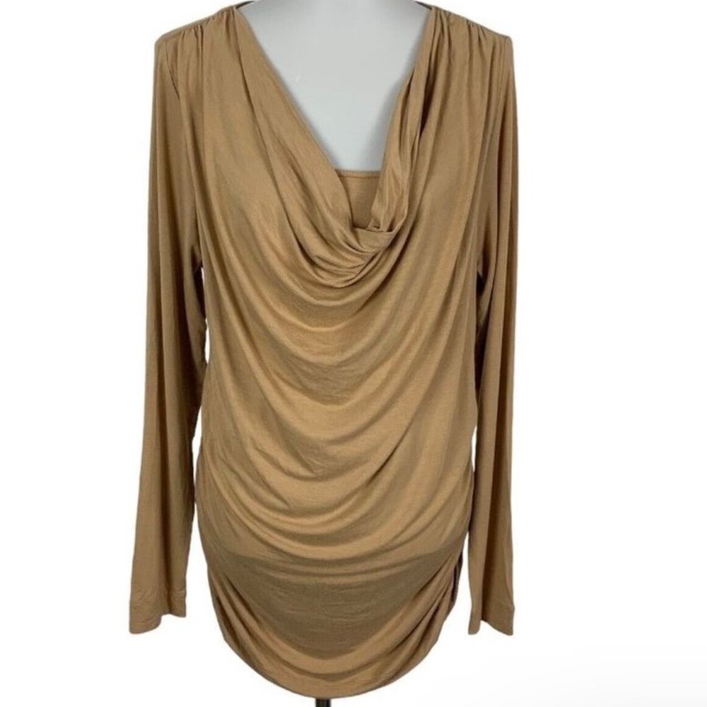 CAbi Women's Size L Ruched Tan Bodycon Stretch Cowl Neck Long Sleeve